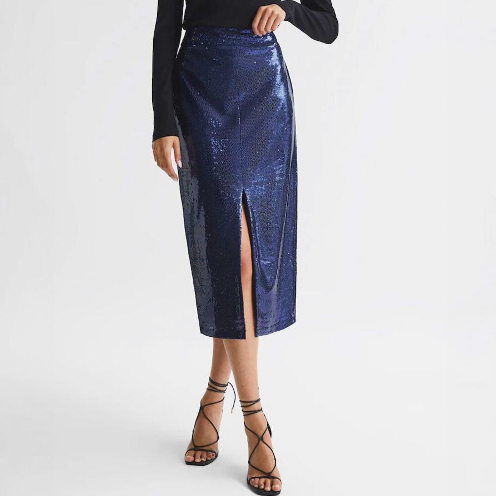 Reiss Dakota Blue Sequin Pencil Skirt Size 0